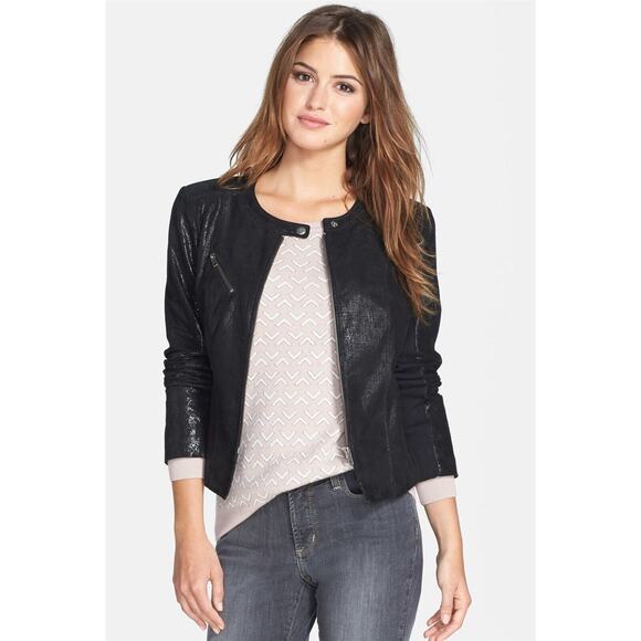Halogen Black Shimmer Suede Leather Biker Jacket Size Small Petite $298 Womens - Picture 1 of 7